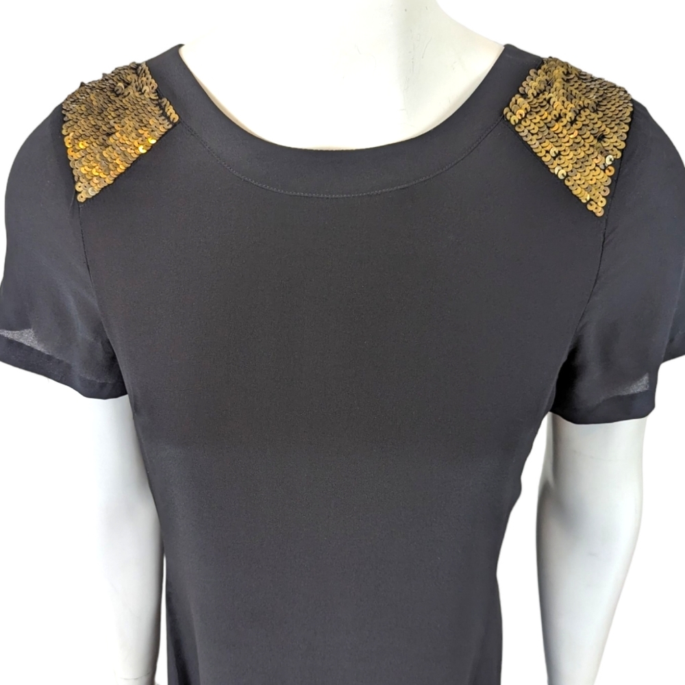 Madewell Silk Sequin Mini Dress Womens 2 Black Gold Cocktail Party Short Sleeve - Picture 3 of 11